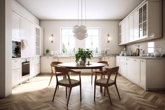 A contemporary modern kitchens interior A dinner table with chairs White colored wooden parquet flooring