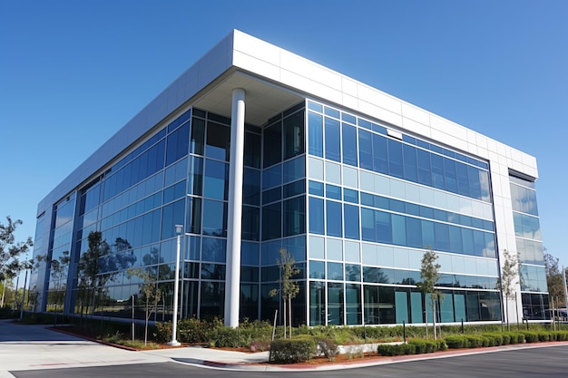 Contemporary modern office building with sleek glass facade in the bustling urban business district