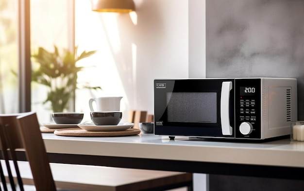 A Contemporary Monochrome Microwave in a Home Kitchen Generative AI