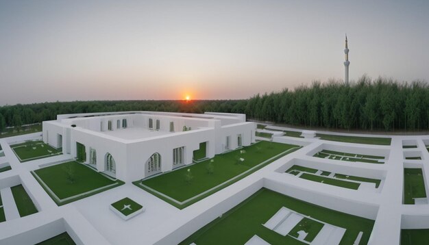 Contemporary Mosque A Fusion of White Tranquility and Green Serenity Amidst Natures Canopy Sunset D