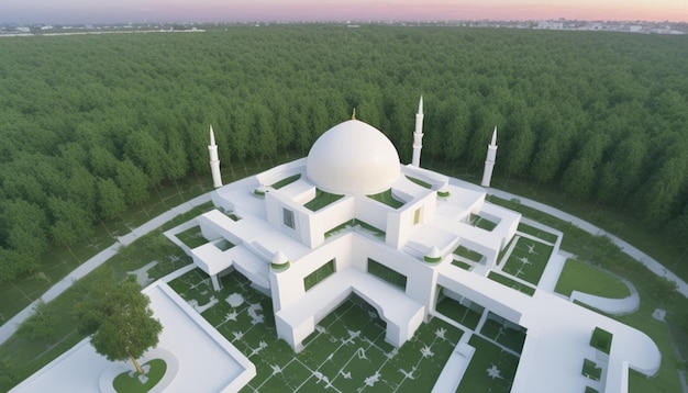 Contemporary Mosque A Fusion of White Tranquility and Green Serenity Amidst Natures Canopy Sunset D