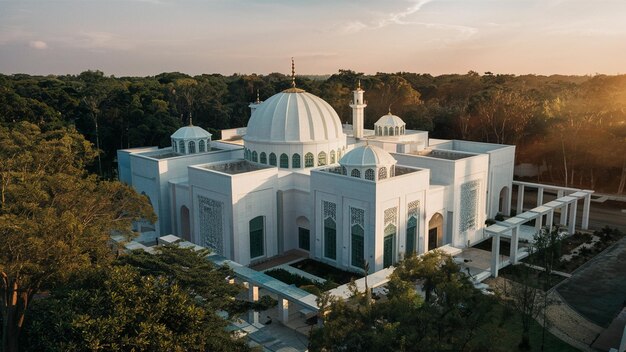 Contemporary Mosque A Fusion of White Tranquility and Green Serenity Amidst Natures Canopy Sunset D