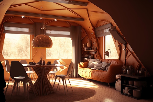 Contemporary nomadic home interior room in brown colors