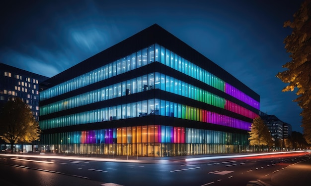 A contemporary office building illuminated with vibrant and colorful lights