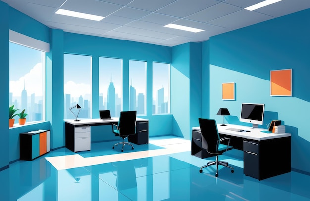 Photo a contemporary office interior featuring sleek design ergonomic furniture and modern amenities