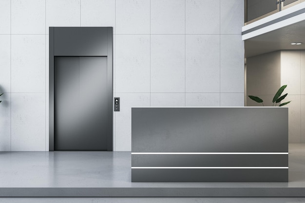 현대적인 사무실 로비 내부에는 엘리베이터와 리셉션 데스크 docorative 공장 및 콘크리트 바닥 호텔 또는 직장 홀 개념 3D 렌더링