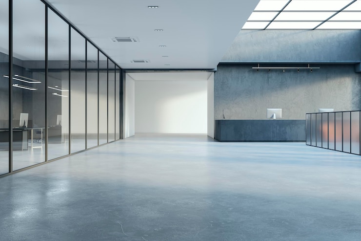 Photo contemporary office lobby interior with reception desk and glass elements 3d rendering