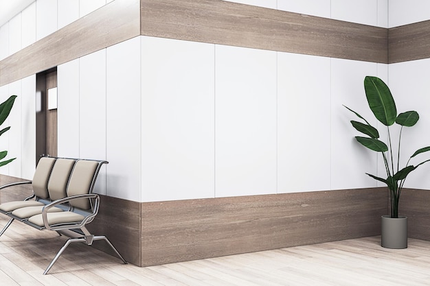 Contemporary office lobby with white walls and wooden accents Interior design concept 3D Rendering