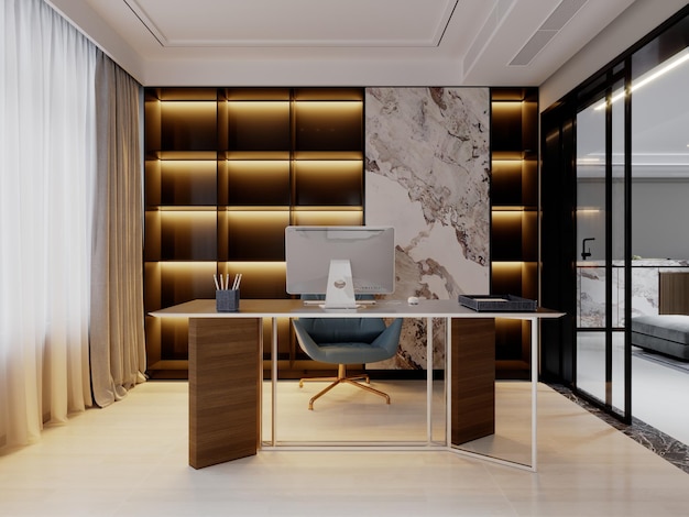 Contemporary office with elegant work desk and chair with illuminated shelves and inset wall with marble 3D rendering