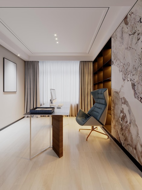 Contemporary office with elegant work desk and chair with illuminated shelves and inset wall with marble