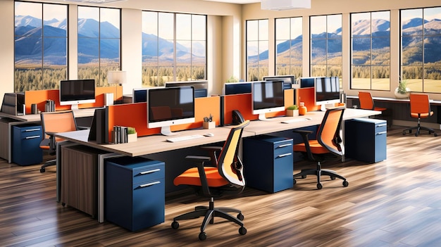 Contemporary office workspace with a clean and organized design A modern and efficient room for work and productivity