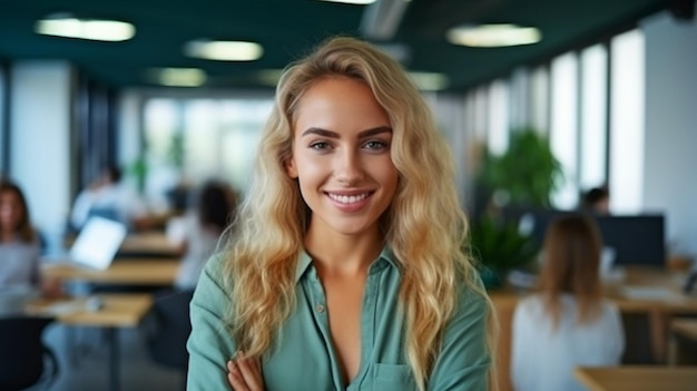 現代のオフィスで、若い魅力的な女性がカメラに向かって微笑んでいるのが見られる ジェネレーティブ AI