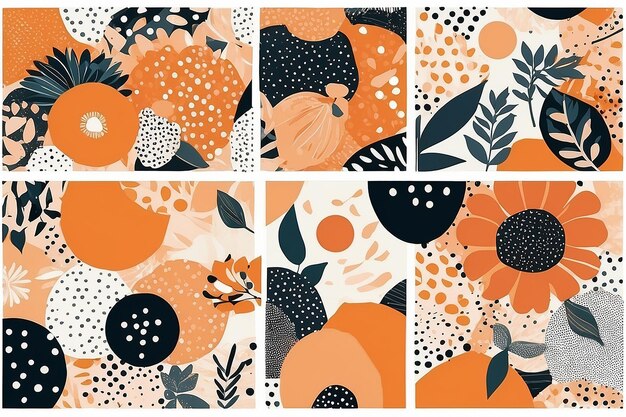 Contemporary Orange Floral Polka Dot Collage Seamless Patterns for Modern Design