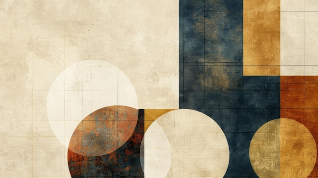 A contemporary painting featuring geometric shapes such as circles and squares arranged in an