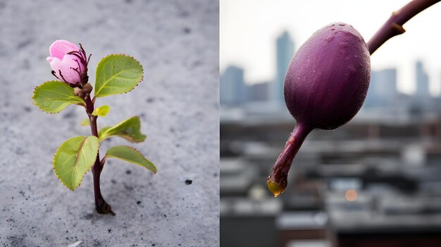 Contemporary photo montage of a plum in a new york rooftop garden