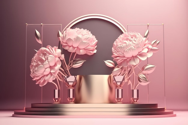 Contemporary pink podium stage with glass and big peonies AI Generation