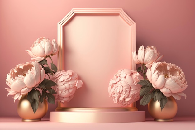 Contemporary pink podium stage with glass and big peonies AI Generation