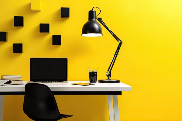 A contemporary pleasant workspace with a colored wall nearby