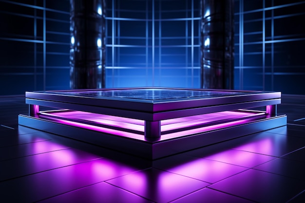 Contemporary podium with stunning blue and purple lighting for product showcases