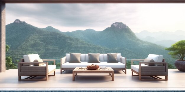 Contemporary pool terrace in front pool terrace with mountain view 3d render furnished