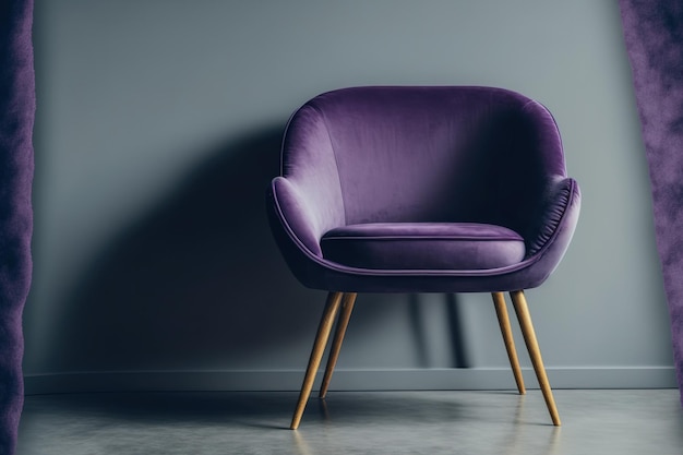 Contemporary purple velvet chair with wooden legs and a gray background