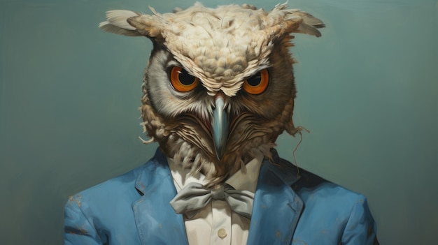 Современный реалистический портрет совы в синем костюме