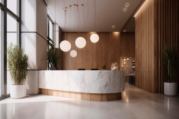 Contemporary Reception Counter Design Stylish Lobby Area with Modern Interior in White and wood