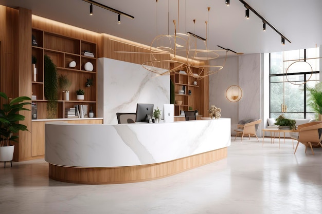 Contemporary Reception Counter Design Stylish Lobby Area with Modern Interior in White and wood