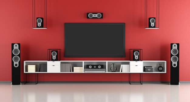 Sistema home cinema moderno rosso e nero. rendering 3d