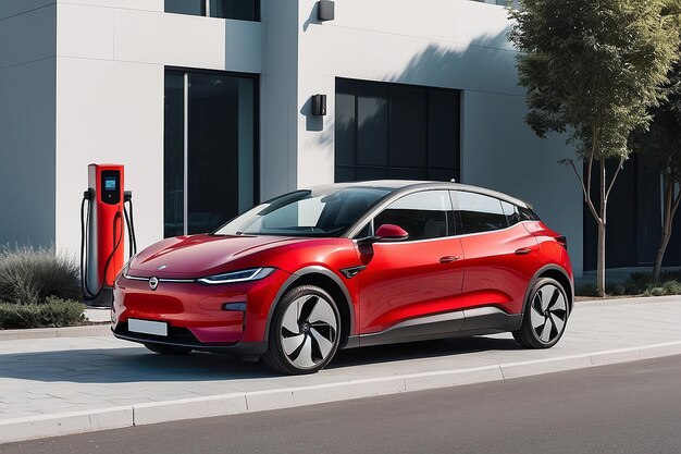 Contemporary red electric car parked on asphalt road while charging