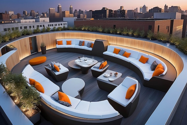 Photo contemporary rooftop terrace featuring builtin lounge pods with 360degree rotating seats for dynamic city viewing