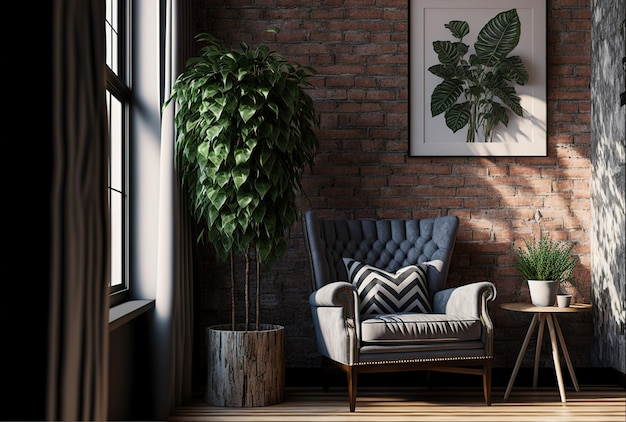 벽돌 벽과 식물, 격자무늬 천을 씌운 안락의자가 있는 현대적인 객실