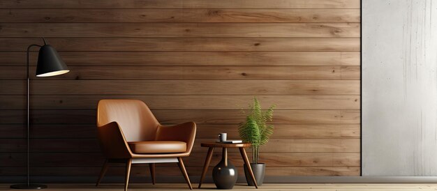 Foto stanza contemporanea con comoda poltrona, tavolo e parete in legno