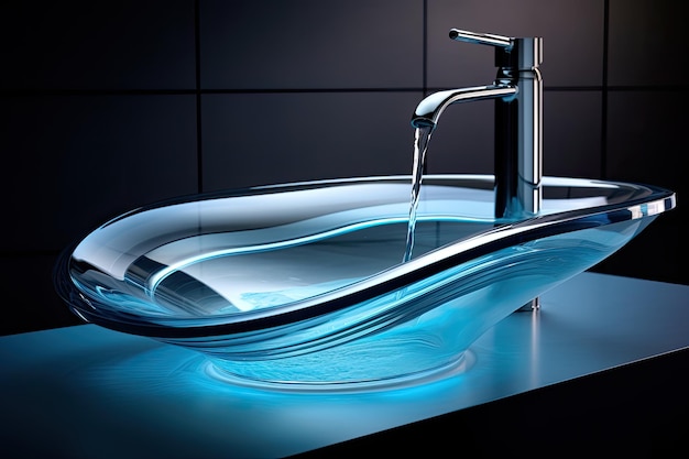 Contemporary sanitary sink equipped with a flowing supply of fresh water from a tap spout