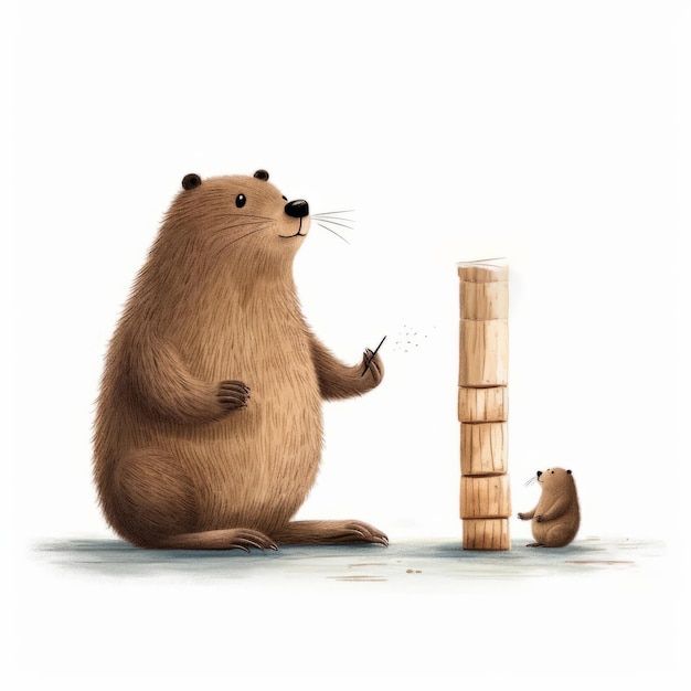 Contemporary scandinavian art giant beaver and baby beaver cartoon illustration