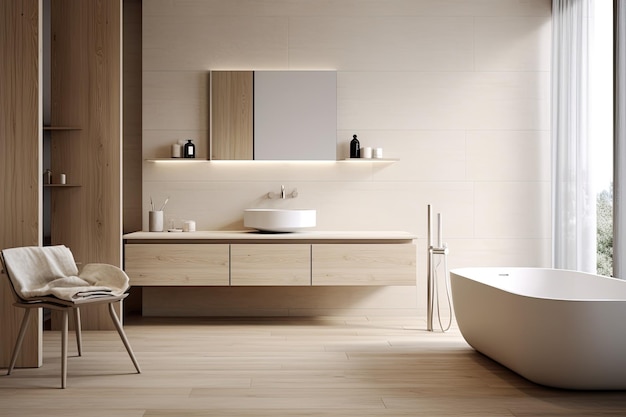 Contemporary Scandinavian design is applied to create a minimalist aesthetic in the bathroom space