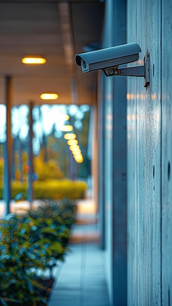 Photo a contemporary security camera watching over a hazy entry area mounted on a buildings outer wall