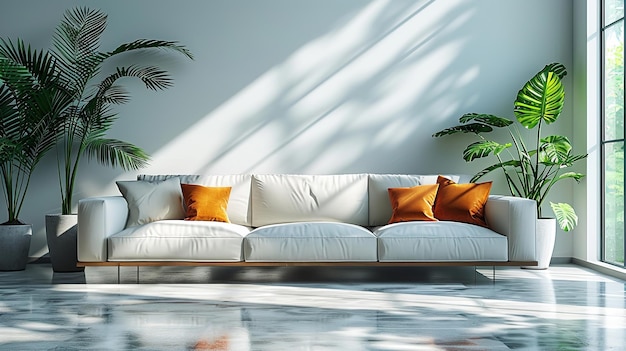Современный диван белая гостиная и пустая стена Generative Ai
