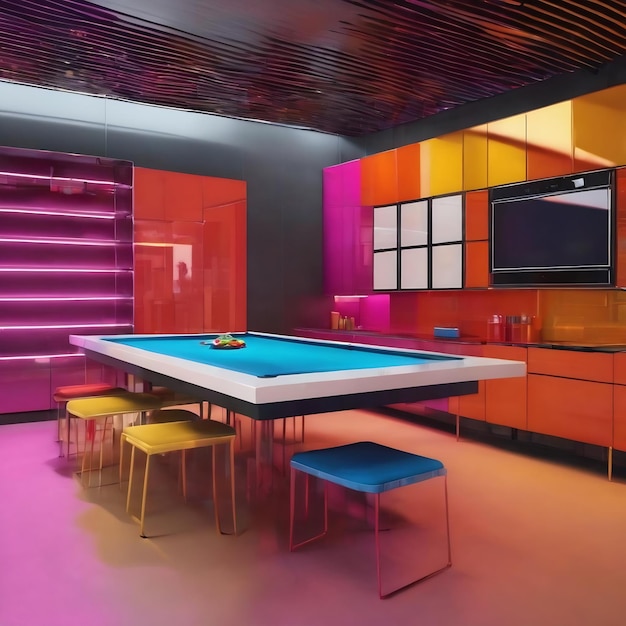 Contemporary spacious metal colorful interior at an angle 3d rendering