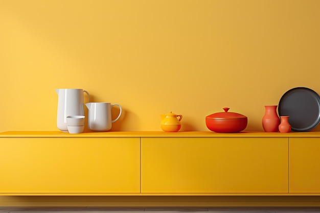 Photo a contemporary storage unit with dishes and a kitchen counter adjacent to a yellow wall