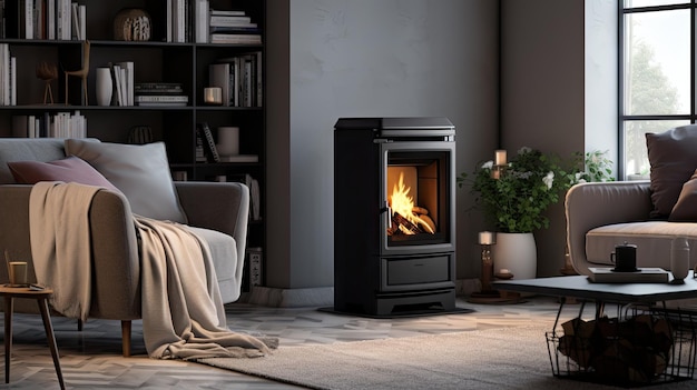 Contemporary stove in living room with flames and pellets