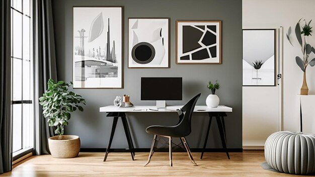 Contemporary study with a sleek desk and modern artwork