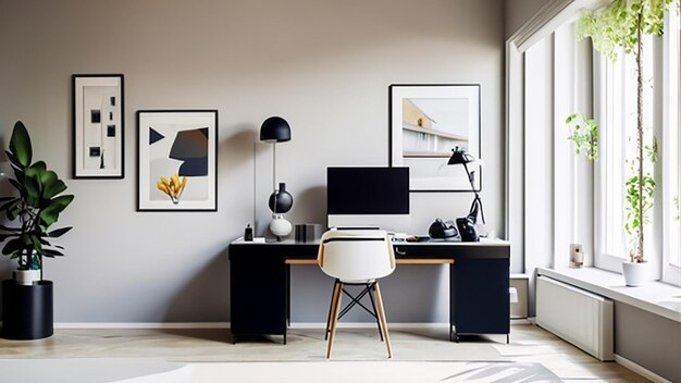 Contemporary study with a sleek desk and modern artwork