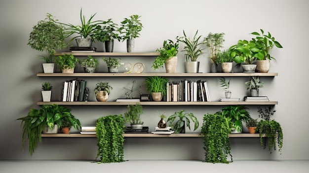 植物で飾られた現代的なスタイルの書棚