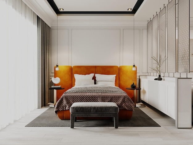 Contemporary style designer bedroom with orange bed and couch and white molding walls 3D rendering