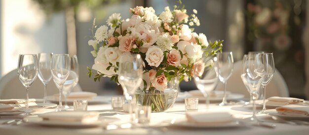 Contemporary table setting with a floral centerpiece in indoor space