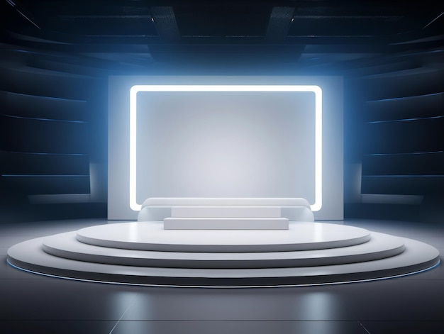 Contemporary tech event stage featuring a sleek white podium with screen mockup