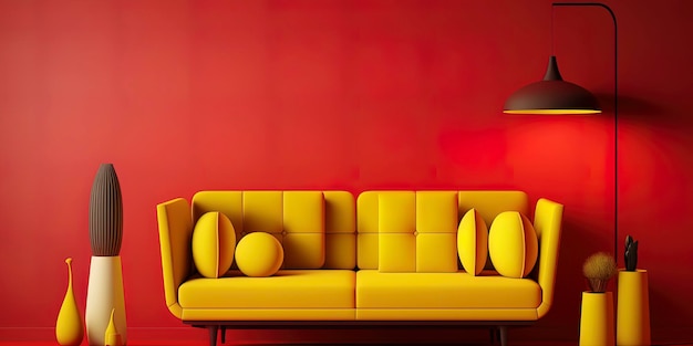 Contemporary trendy yellow Bedrooms on red concept design Modern red sofa and wood floor lamp trendy living room on gold wall background AIGenerated