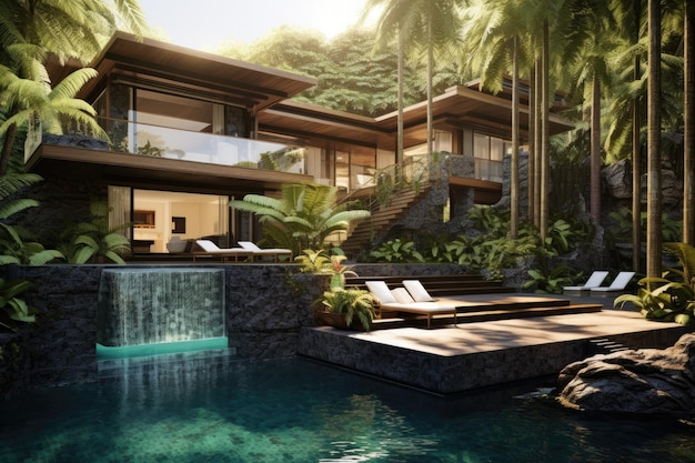 A contemporary tropical residence with a natural surrounding and a pool for swimming