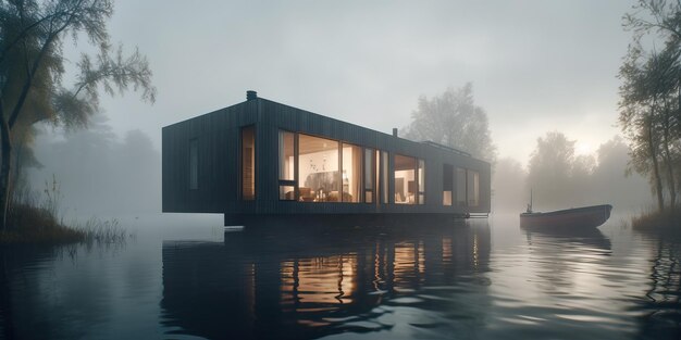 Contemporary unique building in the middle of a lake generative ai